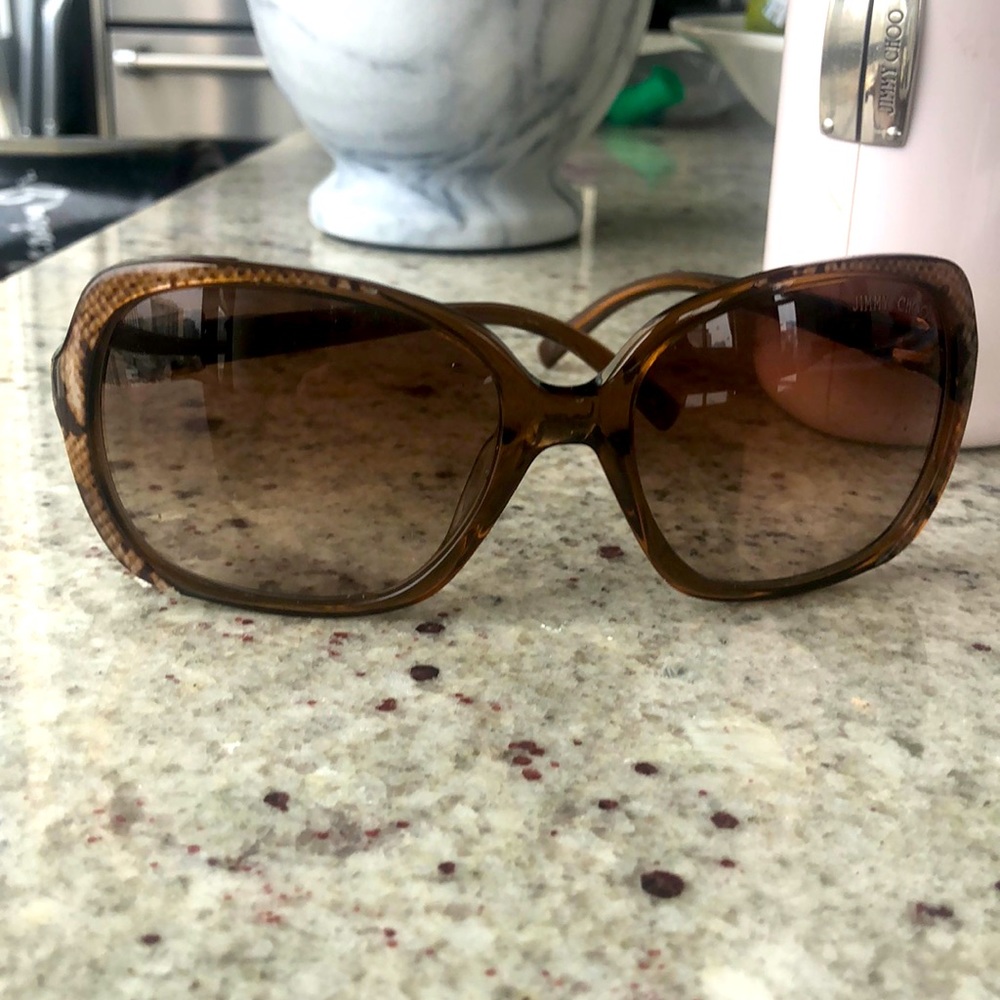 Jimmy Choo sunglasses, brown with snakeskin accent.